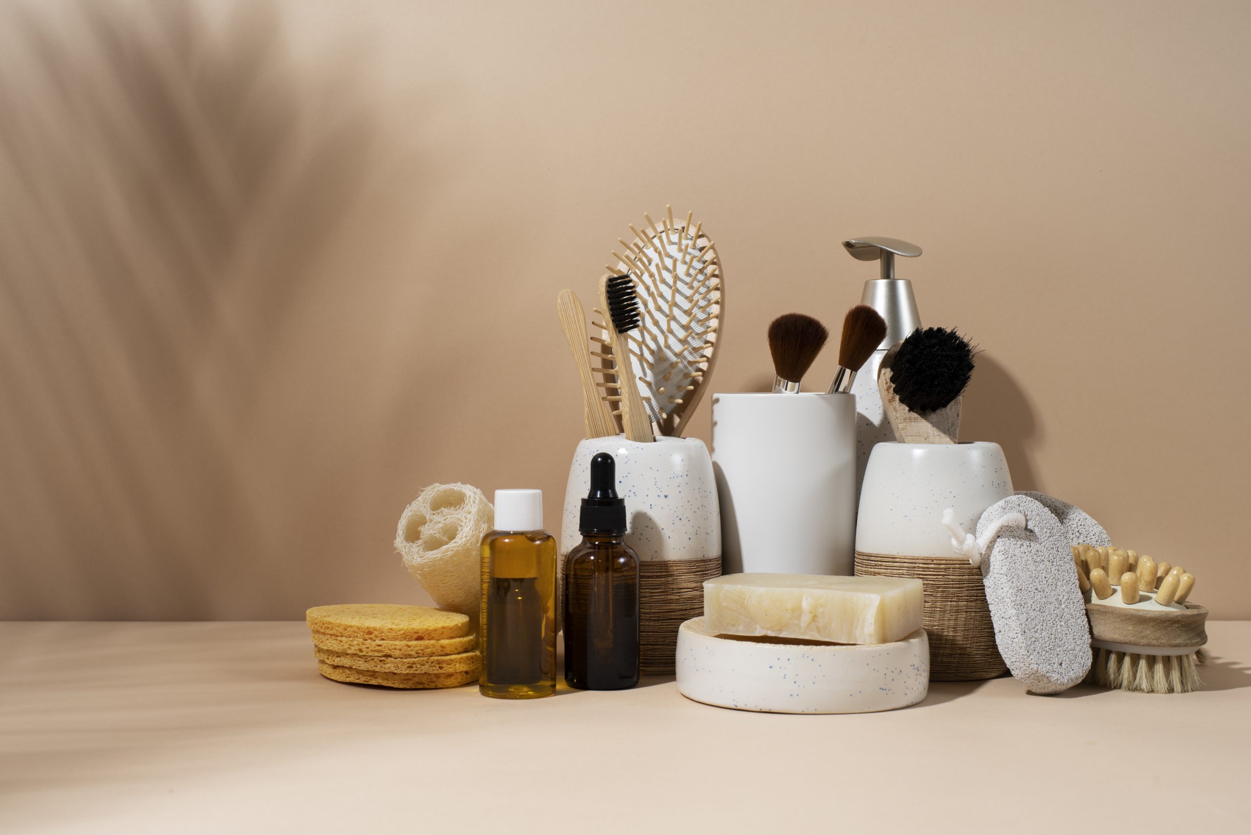 Natural Ayurvedic beauty and personal care products including oils, brushes, and soaps – representing India’s clean beauty and wellness market.