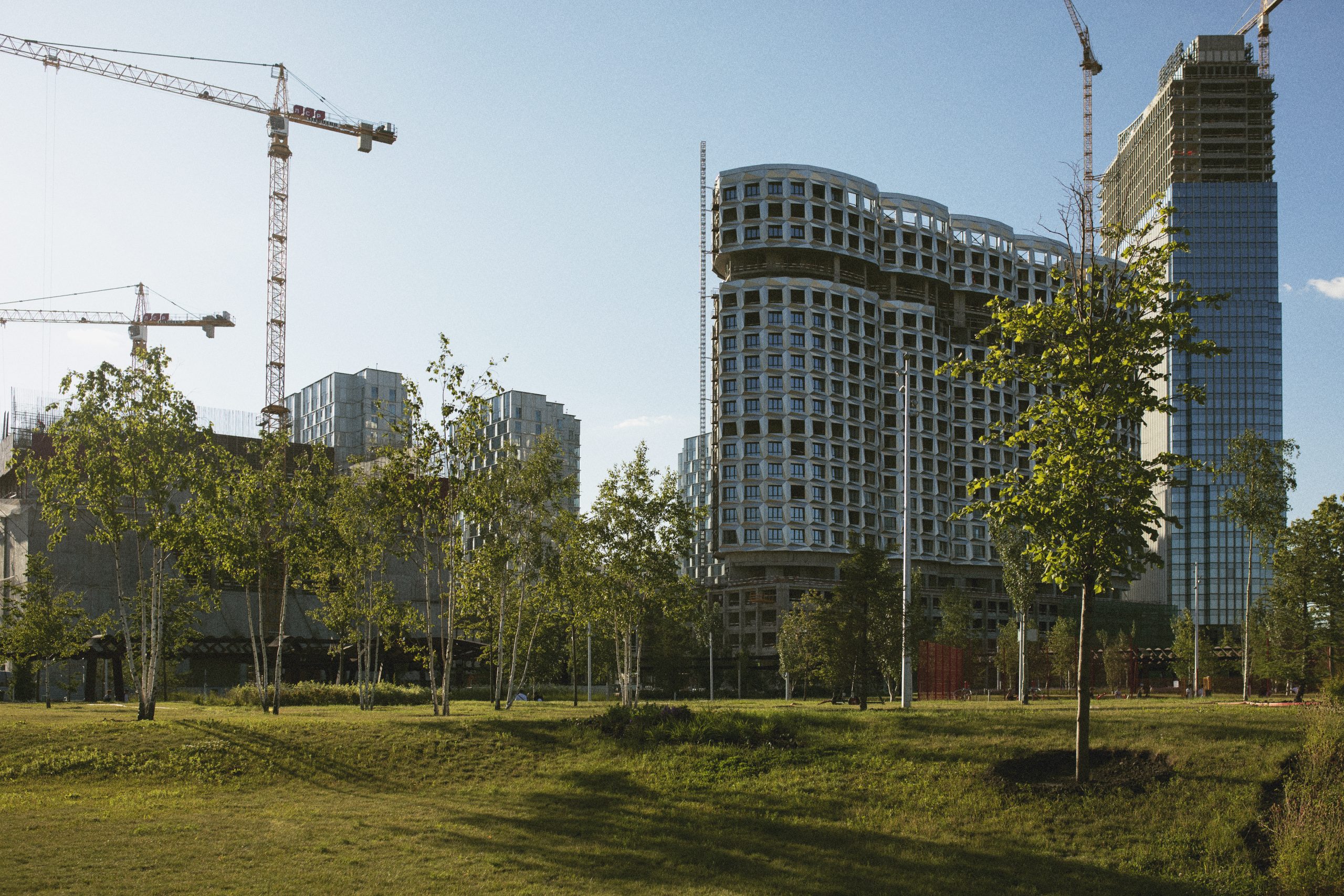 High-rise buildings under construction with cranes